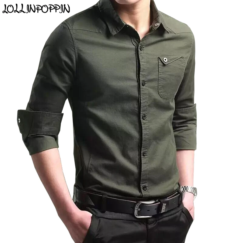 

Men 100% Cotton Long Sleeve Casual Shirt Turn Down Collar Single Breasted Military Style Shirts Solid Color Chest Pocket