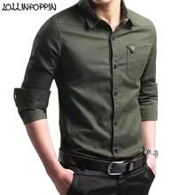 Мужская Повседневная рубашка с длинными рукавами из хлопка с отложным воротником, однобортные рубашки в стиле милитари, однотонные рубашки с нагрудным карманом