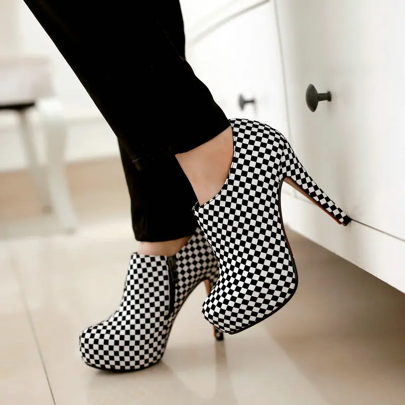 Houndstooth high shoes women fashion thin heel platfrom party shoes New