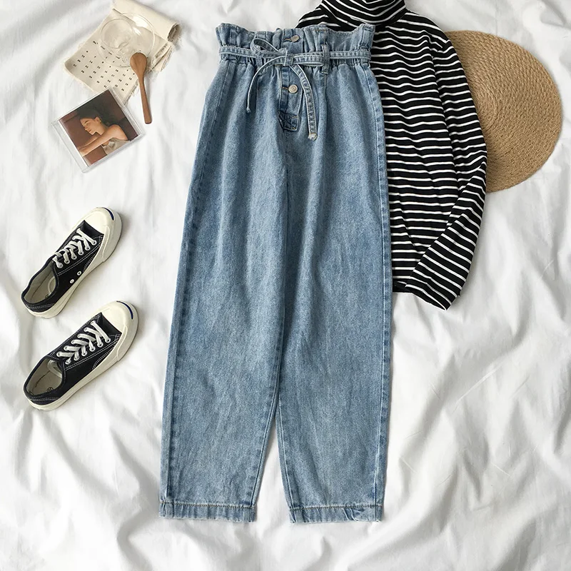 Korean Fashion Blue Jeans Woman Vintage Washed High Waist Jeans Female Casual loose Elastic Waist Pockets Denim Pants Woman Korean Fashion Blue Jeans Woman Vintage Washed High Waist Jeans Female Casual loose Elastic Waist Pockets Denim Pants Woman