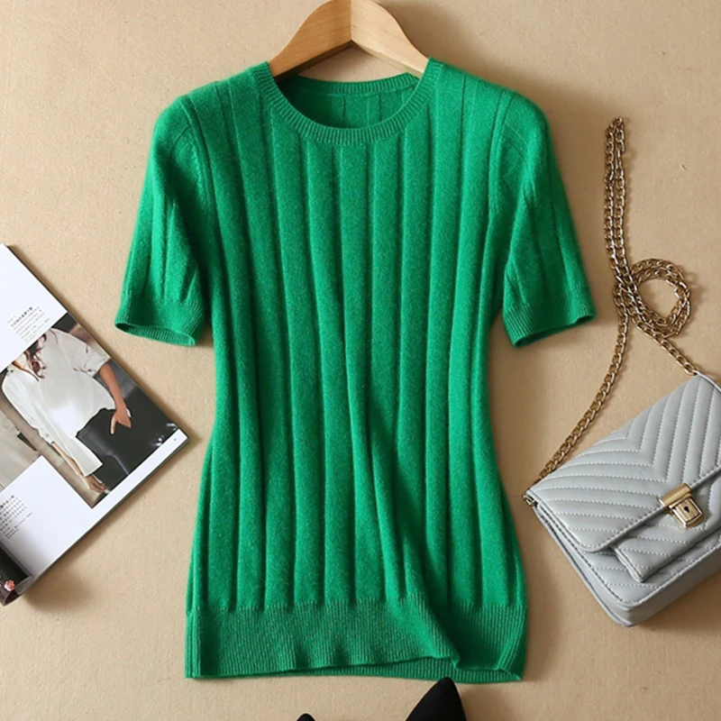 LHZSYY 2019 New Wool Knitted Blend T-shirt Solid color O Neck Women