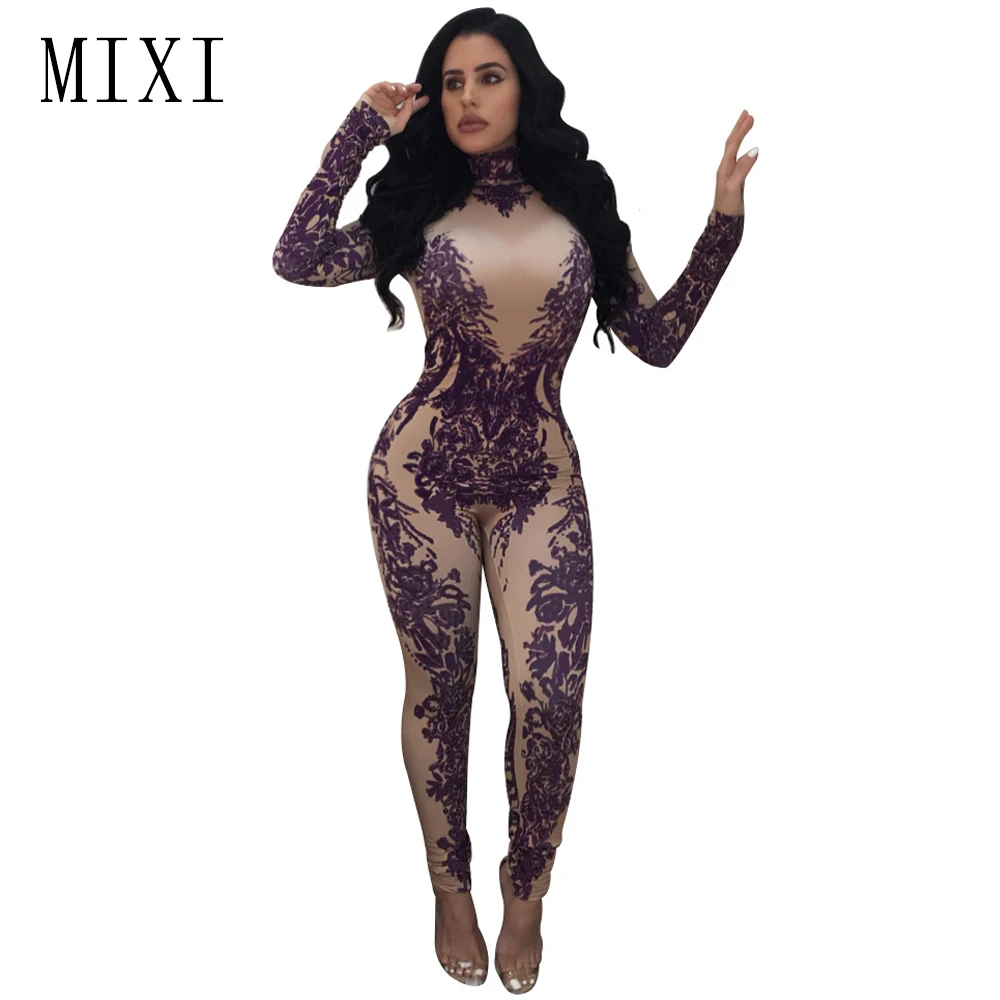 MIXI Winter Vintage Printed Jumpsuits Turtleneck Long Sleeve Night Club Rompers Womens Jumpsuit Skinny Long Pants Party Overalls
