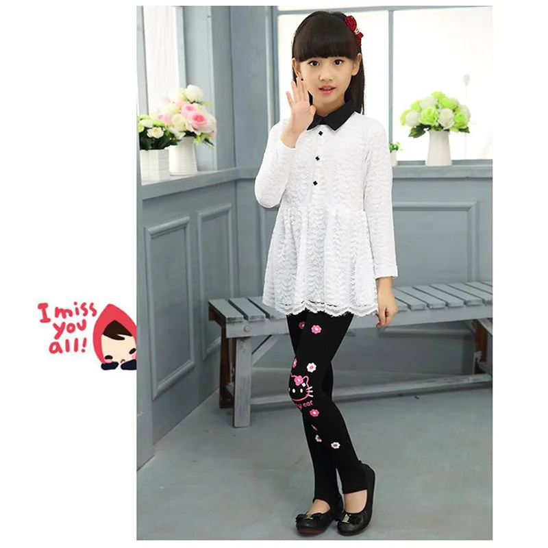 Весенне-осенние леггинсы для девочек; обтягивающие черные хлопковые эластичные штаны; леггинсы для девочек с рисунком кота, банта, цветов, кота; детские штаны
