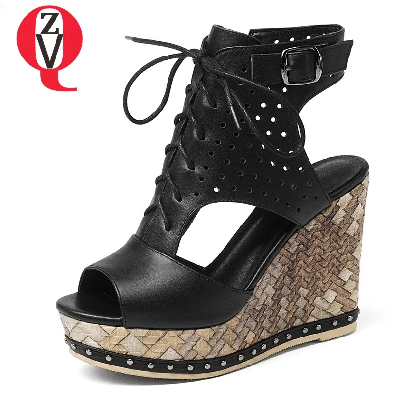 

ZVQ women shoes new style genuine leather super high wedges zip platform cross-tied rivet outside casual women sandals