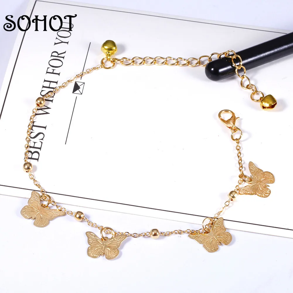 

SOHOT Cute Style Gold Color Charm butterfly Pendant Anklets Hot Sale Alloy Metal Chain Bell Accessories For Women Birthday Gift