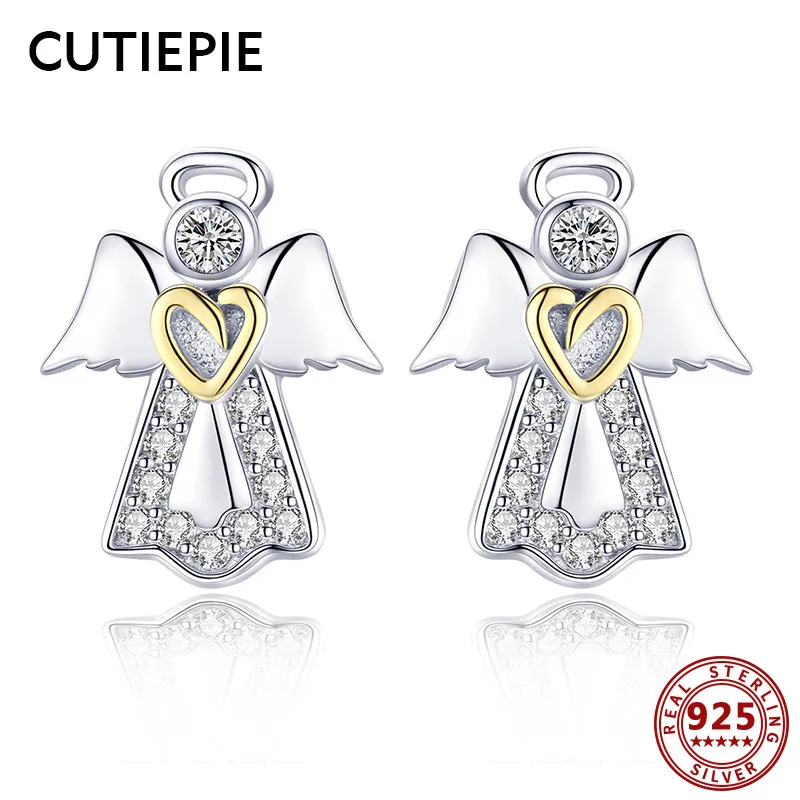 

CUTIEPIE Authentic 925 Sterling Silver Fairy Angel Stud Earrings Women Clear CZ Crystal Earring for Wedding Silver Jewelry Gifts