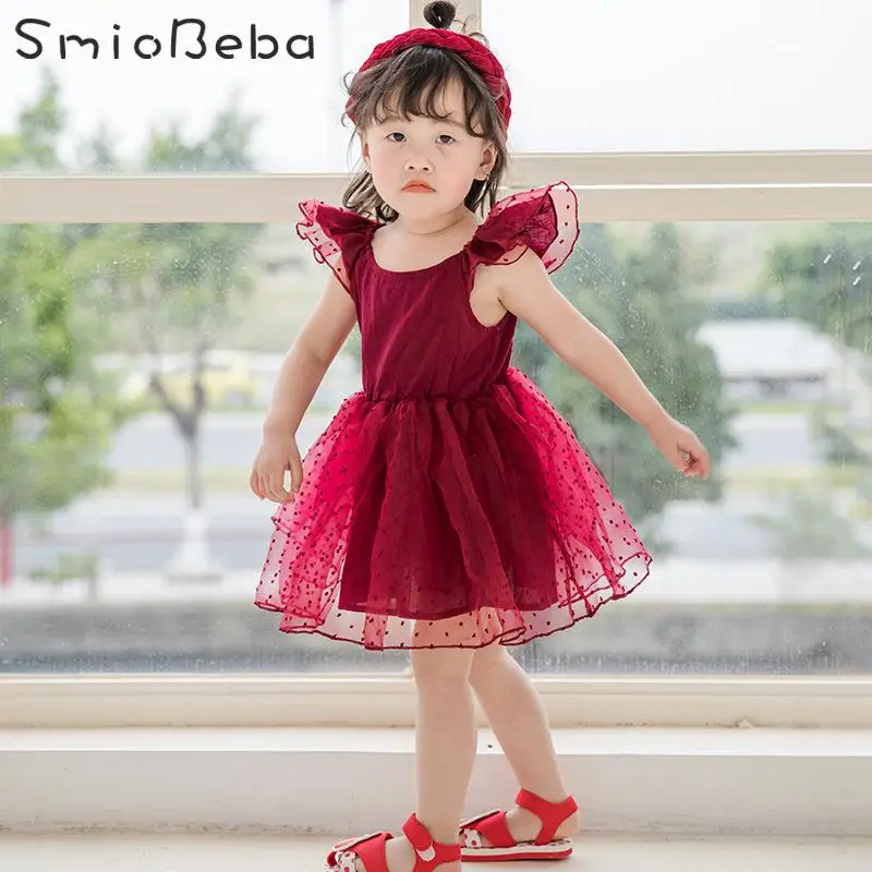 Ins Summer Girl Dresses 1-6 Years Old Children Flying Sleeve Point Screen Dress Korean Pure Cotton Beautiful Princess Kids | Детская