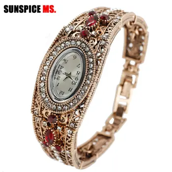 

SUNSPICE-MS Vintage Cuff Bracelet Crystal Wist Watch Women Antique Gold Color Quartz Watch Digital Relogio Feminino Bridal Gift