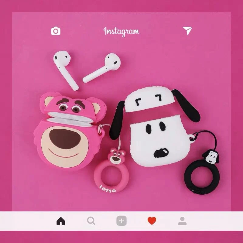 3D Hot luxury cute LOTSO bear dog cartoon silicone ring lanyard Headphone Earphone Case For Airpods 1 2 Accessories cover Bag