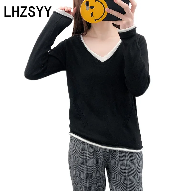 

LHZSYY Spring Autumn New Women's Cashmere Sweater Fashion V-Neck Long-Sleeved Shirt Solid Color Wool Knit Pullovers Soft Sweater