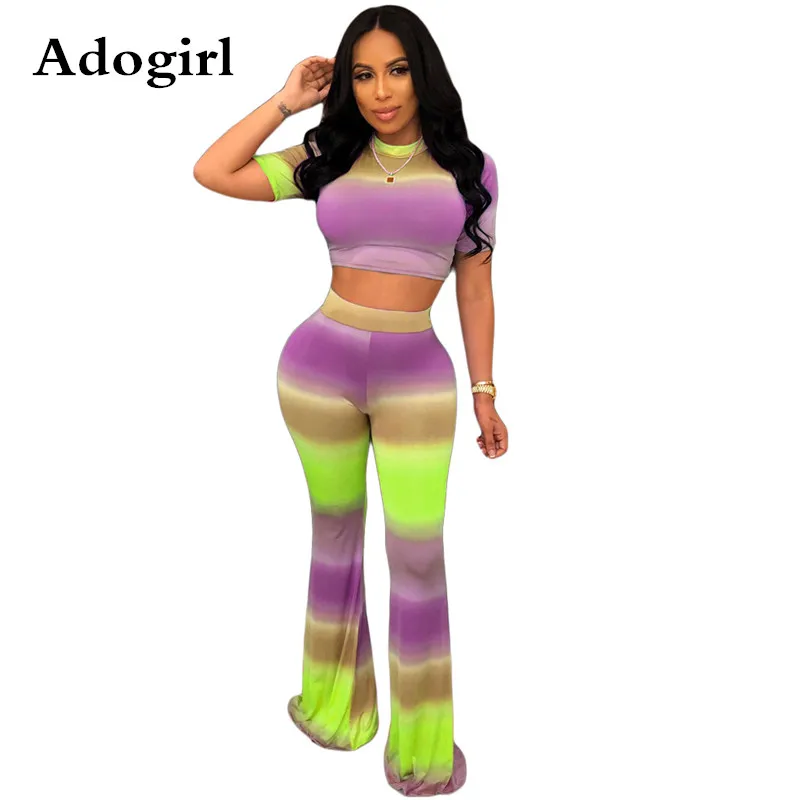 

Adogirl Tie-dye Gradient Stripe 2 Piece Set Summer Short Sleeve Crop Top+ High Waist Flare Pants Sporty Tracksuit Female Outfits