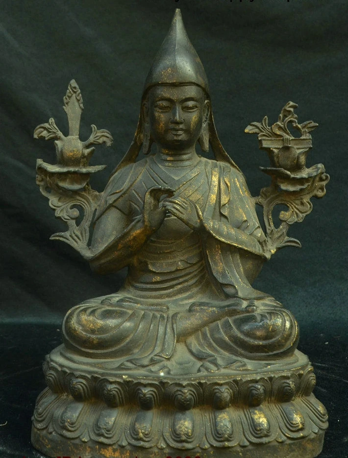 Древнетибетский буддизм Бронзовая позолота Je tsungkhapa Lama Tsong Khapa Будда статуя сидя |