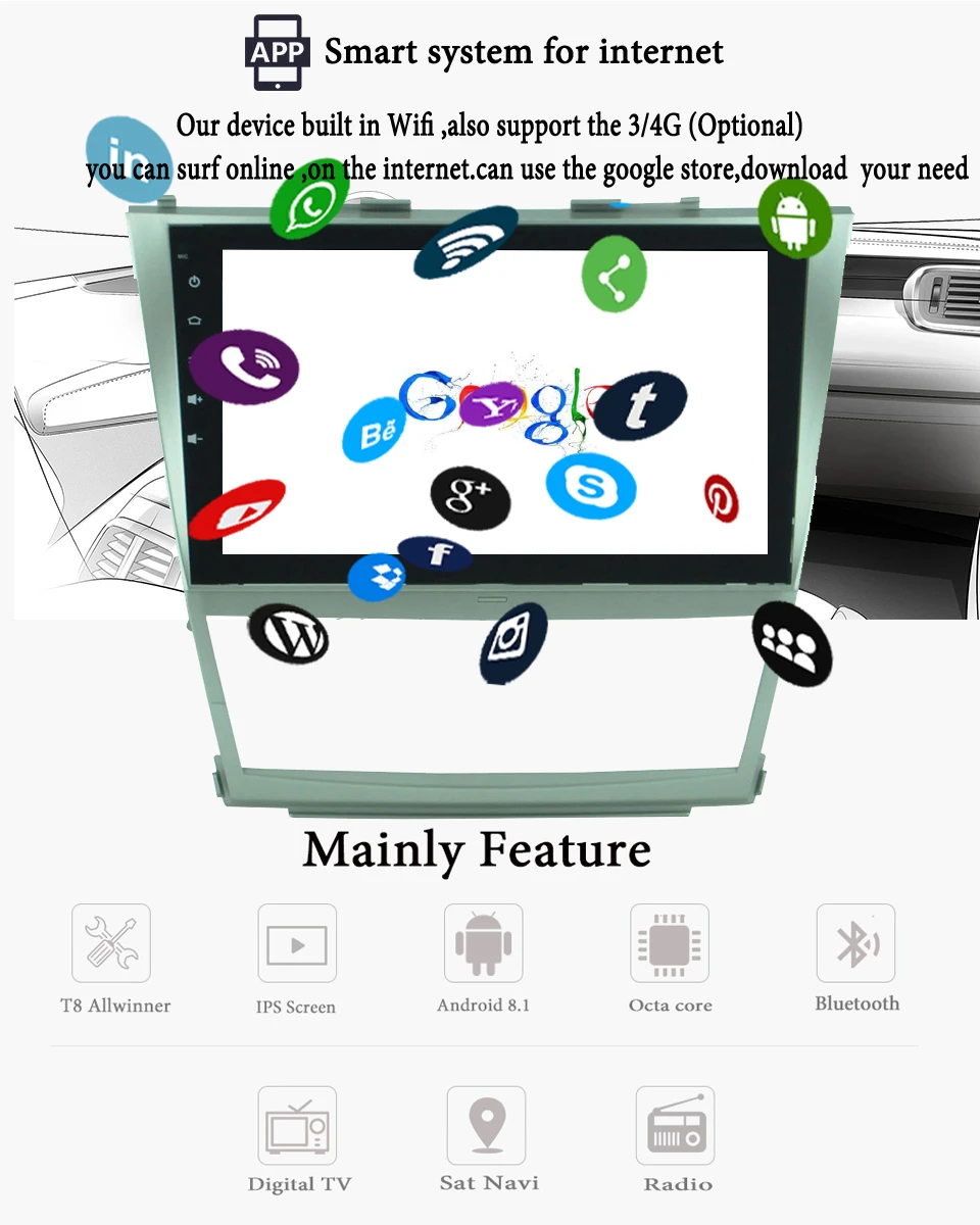 Excellent car dvd for Toyota camry 2008-2011 with 1024*600 android 9.1 gps navigation 4g WiFi radio 8 core car multimedia player System 5 Excellent car dvd for Toyota camry 2008-2011 with 1024*600 android 9.1 gps navigation 4g WiFi radio 8 core car multimedia player System 5