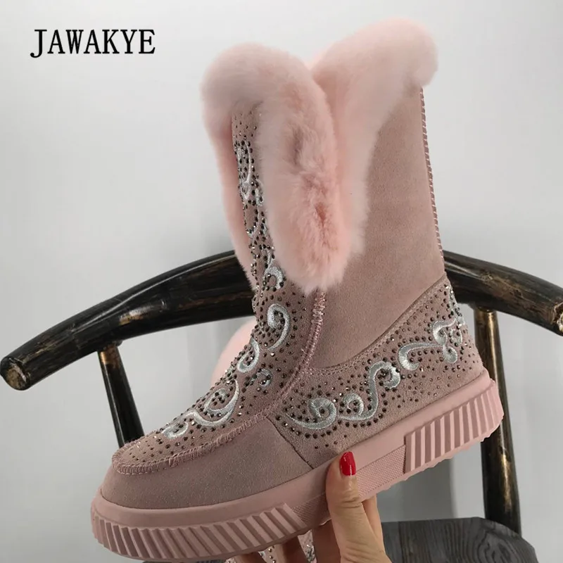 

2018 Chic Snow Boots Women Round Toe Real Wool Fur Rhinestone Diamond Non-slip Flat Boots Woman Fashion Ankle Boots