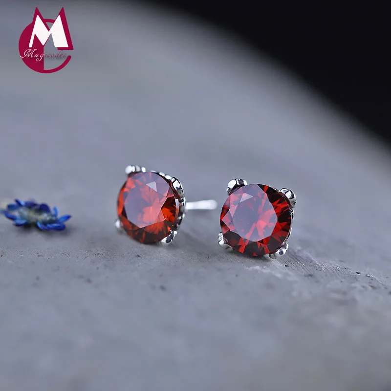 

S925 Silver Jewelry Women Earrings Thailand silver handmade Red Zircon Earrings Female Fine Jewelry Simple Fashion RE86