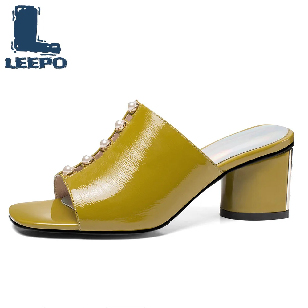 

LEEPO Slippers Women Genuine Leather Summer Outdoor Pearl High Heels Shoes Woman Slingbacks Sandals Ladies Slides Female Pumps