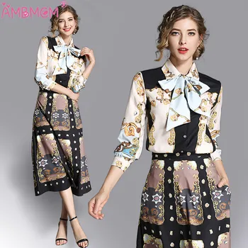 

AMBMCM New 2018 Fashion Women Dress Designer Summer Suits Bow Collar Vintage Floral Print Blouse Sexy Set Party Dresses