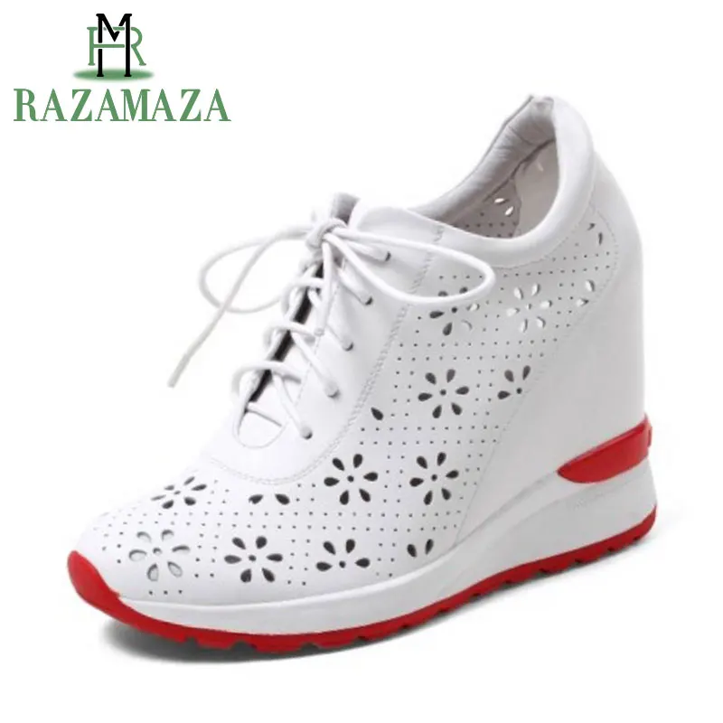 

RAZAMAZA Quality Women Real Genuine Leather High Wedges Shoes Women Cross Strap Hallow Out Wedges Pumps Women Shoes Size 32-40
