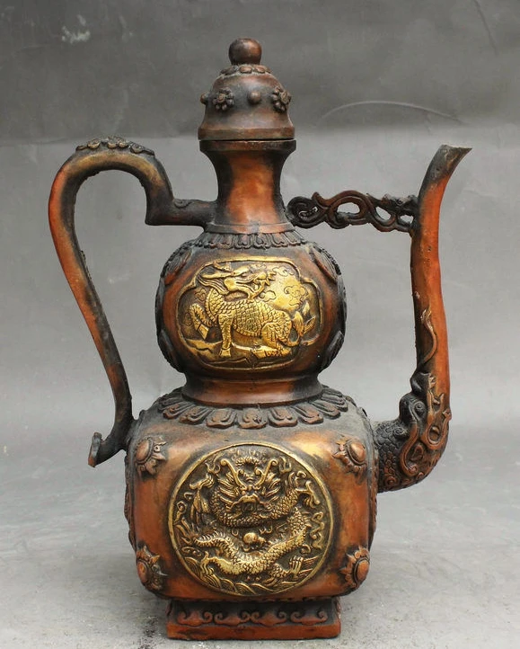 9" Old China FengShui Bronze Gilt Wealth Dragon Kylin Teapot Wine Pot Flagon