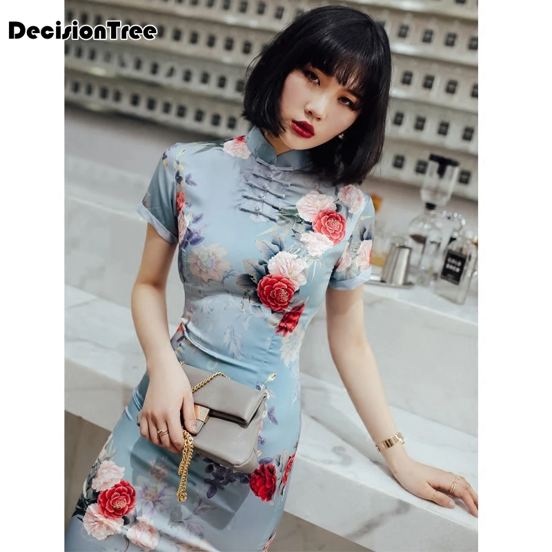 

2019 silk satin cheongsam chinese traditional dress vestido sleeveless female high neck qipao party evening dresses