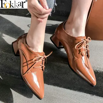 

Eokkar 2019 Classic Retro Women Lace Up Pumps Spring Shallow Pointed Toe Black Shoes Square Med Heels Casual Shoes Lady 34-43