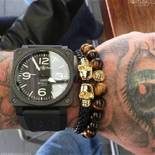 Nuevo 2016 Hombres de Acero Inoxidable Pulseras y Brazaletes Del Estilo Punky Del Cráneo de Cuero Negro Wrap Pulsera de Moda Pulseras Hechas A Mano