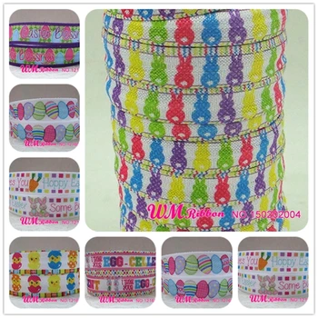 

Q&N ribbon wholesale/OEM 5/8inch Easter Day's Rabbit egg printed folded over elastic FOE 50yds/roll free shipping for hair tie