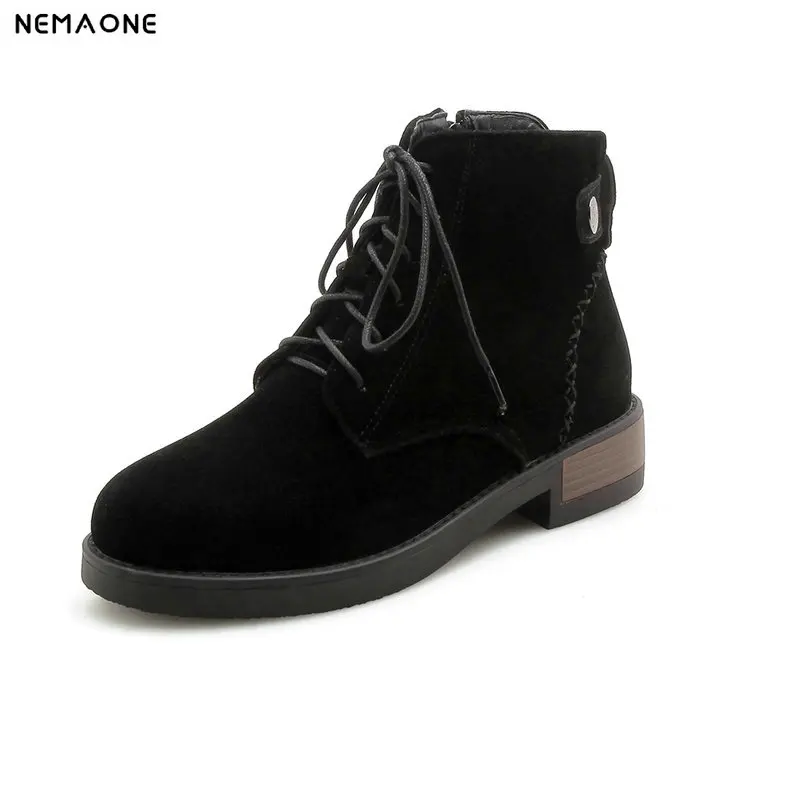 

NEMAONE women low heels ankle boots lace up girl's shoes spring autumn ladies boots black brown yellow large size 42 43