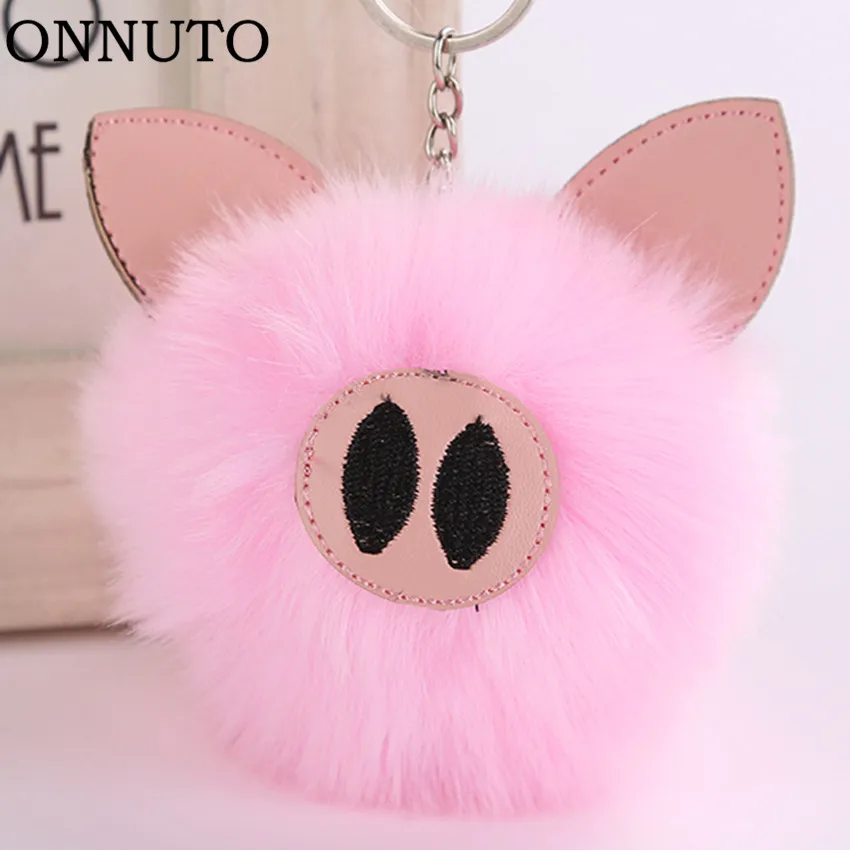 

Cute Charm Pink Pompon Pig Keychain Pendant Women Key Chain Rings Fluffy Fur Ball Bag Hang Toy Car Trinkets