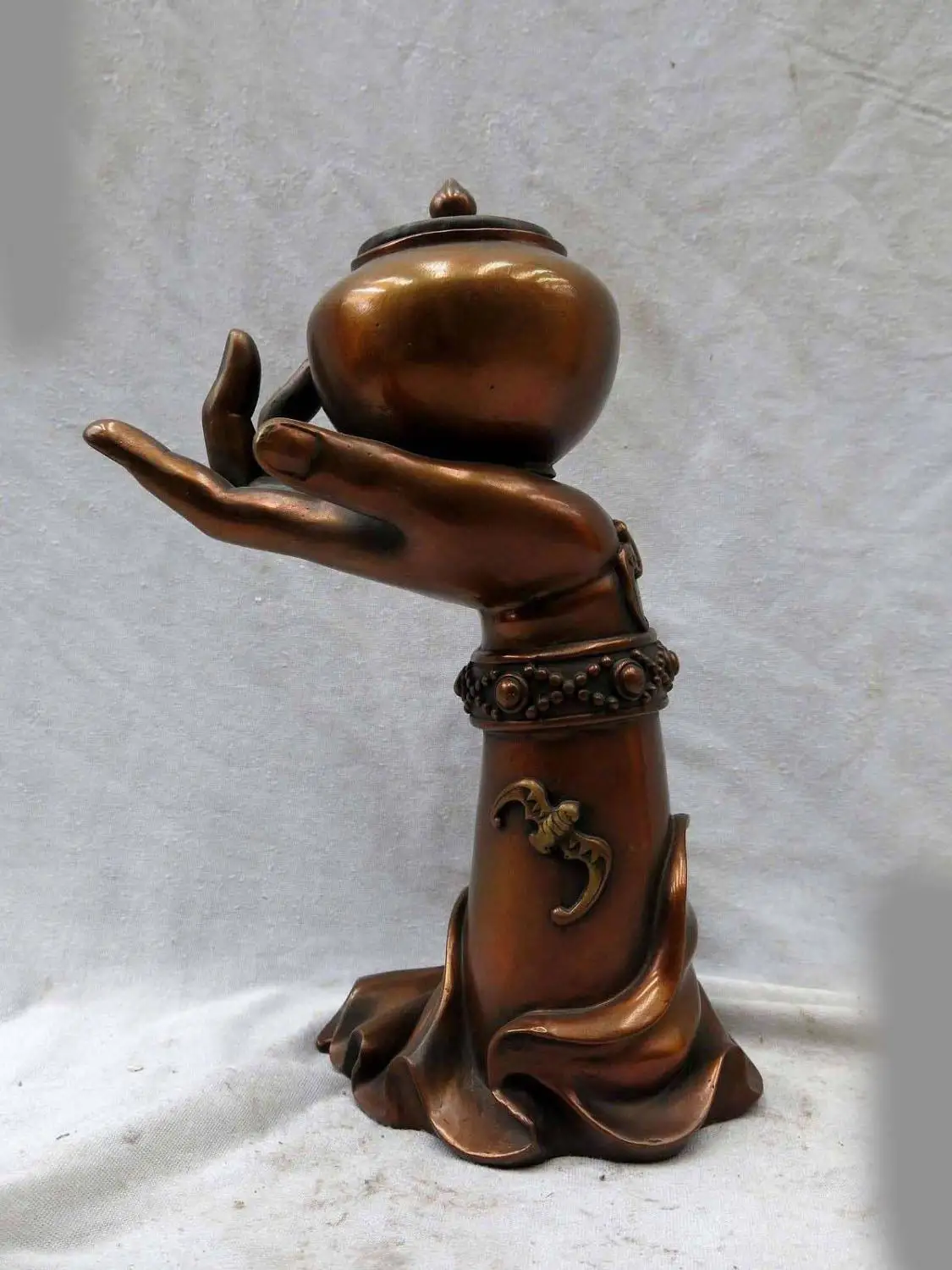 

11" China bronze fine workmanship lucky carved pot Guanyin hand Sculpture Statue