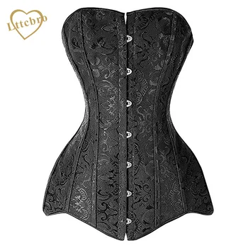 

Women's 26 Steel Boned Cotton Hourglass Body Shaper Corset Line Overbust Long Torso Waist Corset Top Black and White