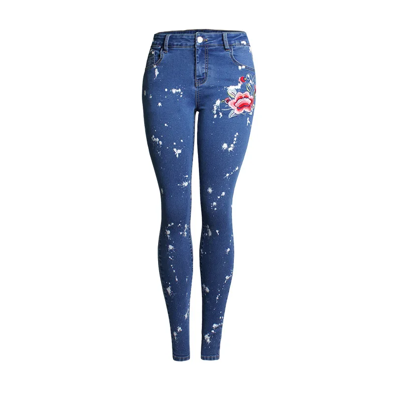 Горячая Женская 3D Роза вышивка джинсы брюки Популярные Европейский уличный стиль размер 44 свободные прямые джинсы винтажные синие джинсовые брюки
