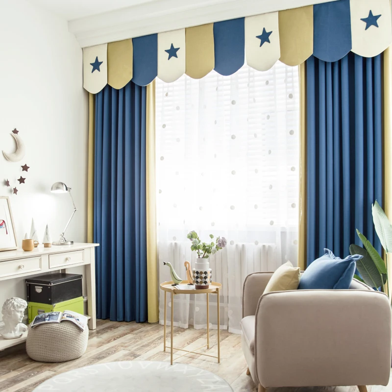 

New Arrival Mediterranean Style Imitation Linen Fabric Three Colors Stitching Curtains for Living Room Curtains for Children Boy
