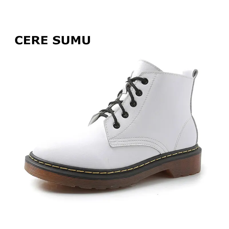

Spring Fall Women Genuine Cow Leather Boots Round Toe Oxford Ankle Boots Ladies Martin Motorcycle Boots Shoes Women Size 34-43
