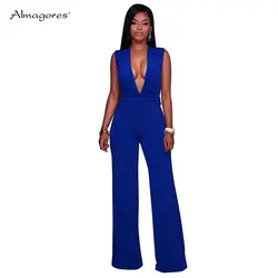 Almagores Sexy Глубокий V шеи комбинезоны для женщин 2018 Красный, черный, синий цвет Боди женские офисные Длинные свободные штаны Ползунки Общая