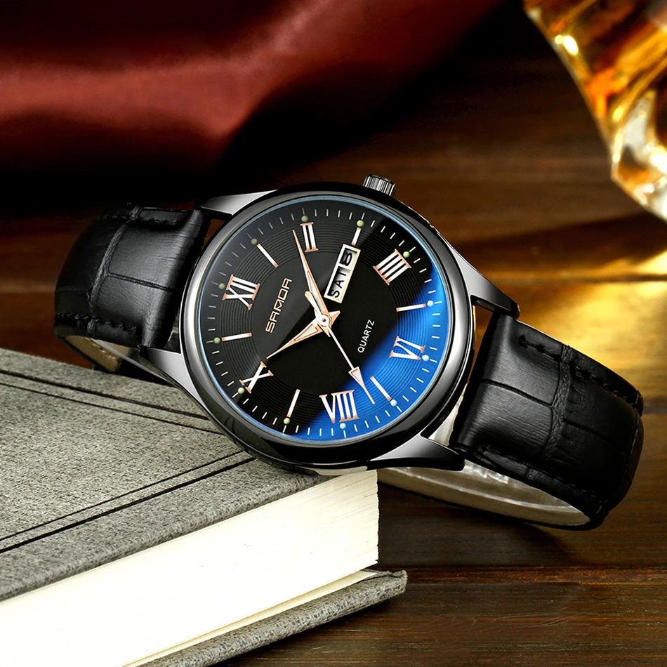 SANDA светящиеся кварцевые часы мужские часы деловые черные кожаные Наручные часы Роскошные мужские часы Geneva Relogio Masculino