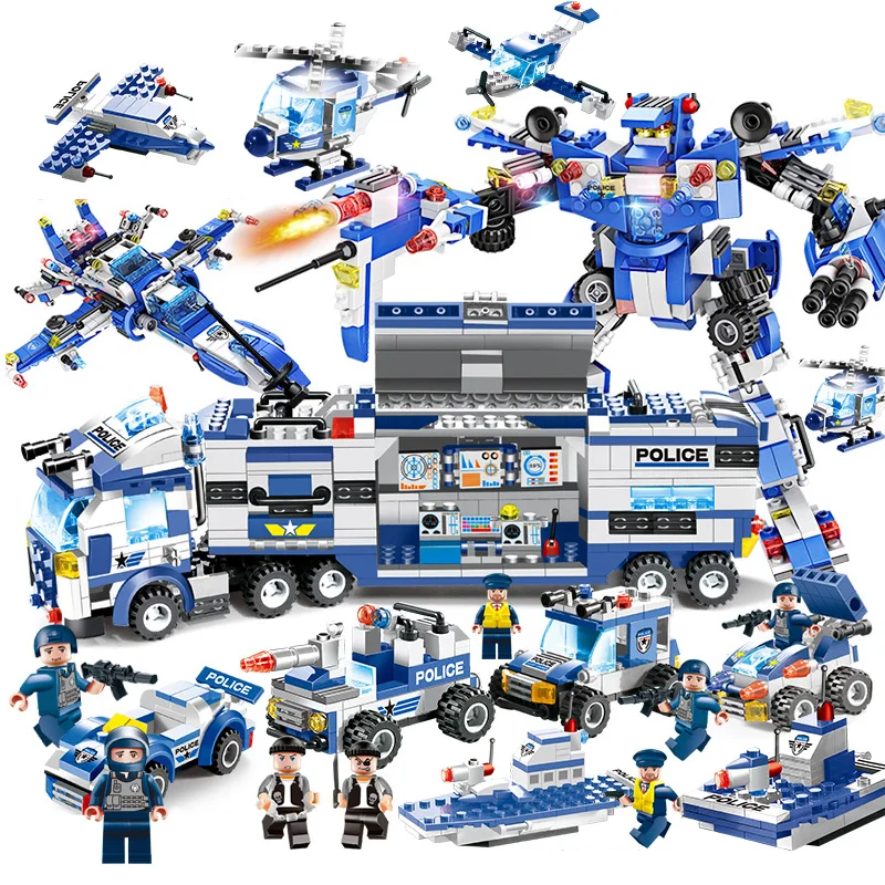 

8 IN 1 City Police War Generals Robot Car Building Blocks LegoING SWAT Team Helicopter Bricks Educational Toys For Children
