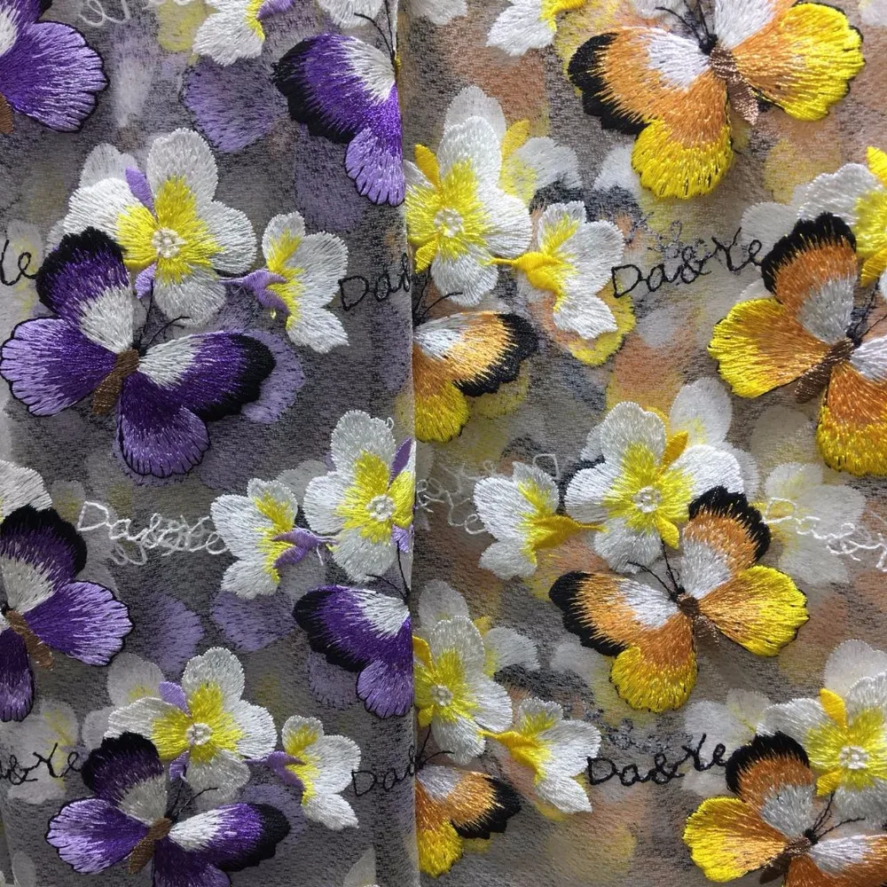 

LASUI New 1yard/1 lot 3 color Pretty butterfly flower embroidery mesh lace fabric Purple/Yellow for Dress skirt X0371