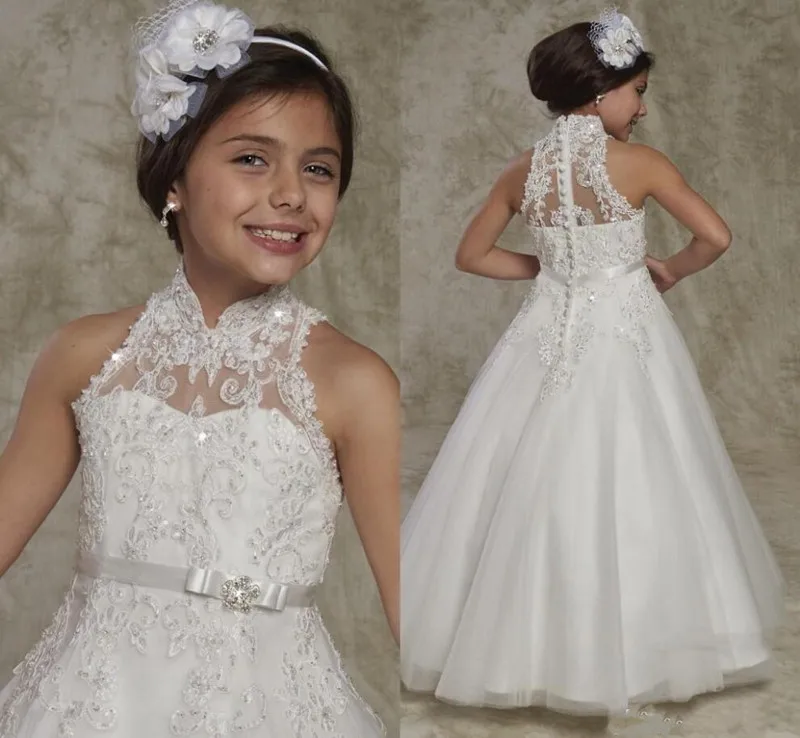 

2019 New Long Flower Girl Dress with Appliques Beading Buttons First Communion Gowns Sleeveless New Arrivals Custom Made Longo