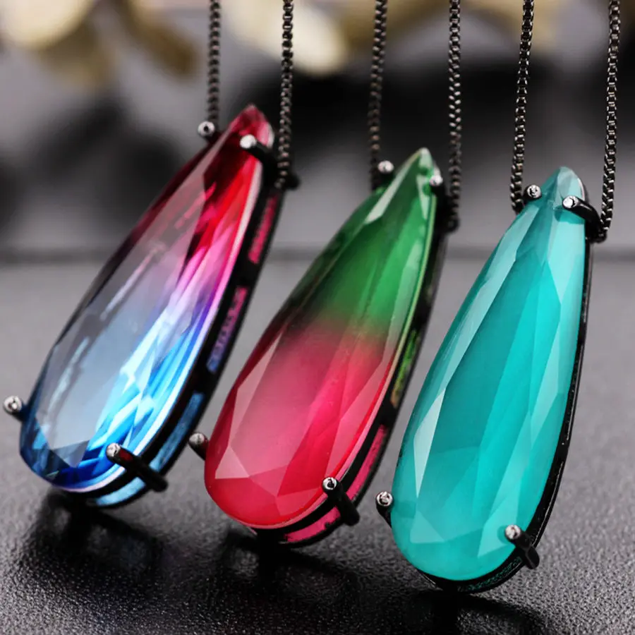 Long Chain Big Size Water Drop Pendant Necklaces For Women Fashion jewelry Multicolor Nature Stone Crytal Glass Pendant Necklace