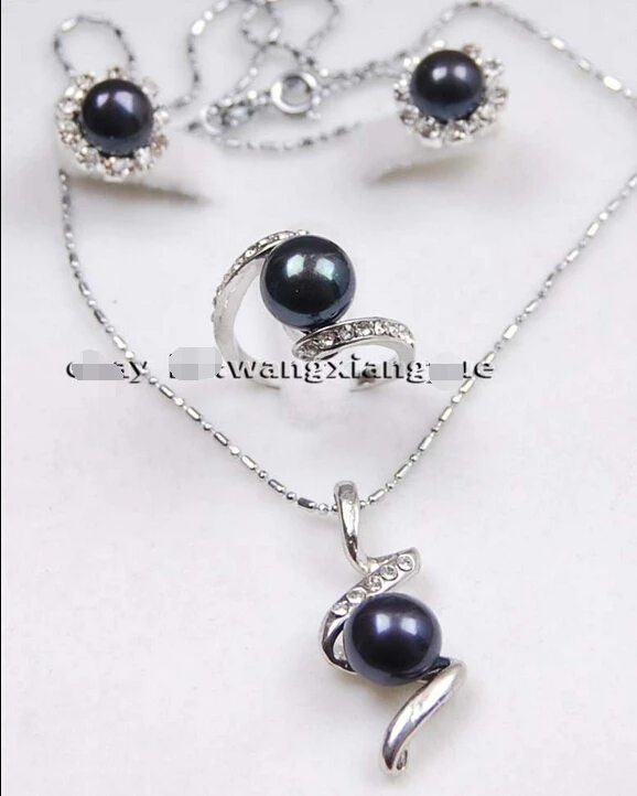 

shipping Genuine Black Akoya Cultured pearl Earrings /Ring / Necklace Pendant Set AAA (A0516)