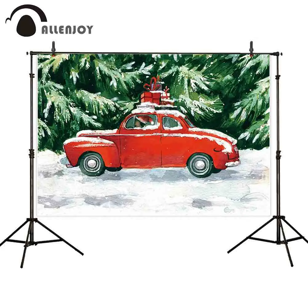 

Allenjoy christmas red car background gifts tree snow winter forest photography backdrop photobooth photocall decor fabric