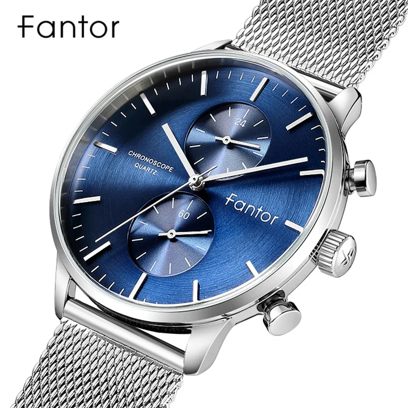 

Fantor Men's Mesh Steel Waterpoof Chronograph Watches Top Brand Luxury Blue Dial Classic Quartz Wristwatch relogio masculino