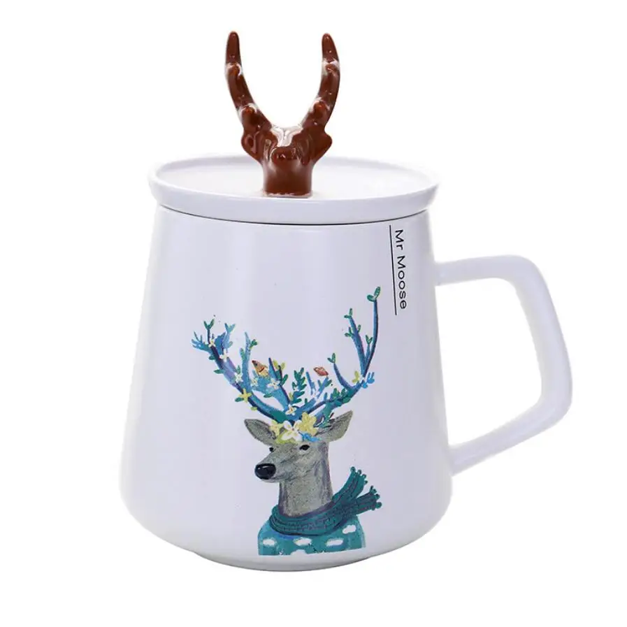 Nordic creative deerhorn керамическая с крышкой мультфильм студенческая пара водная чашка