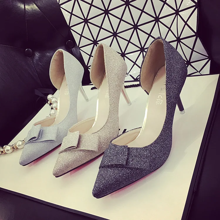 

2016 spring shoes new Korean pointed heels shallow mouth bow sequins side empty fine shoes wholesale Merchandiser