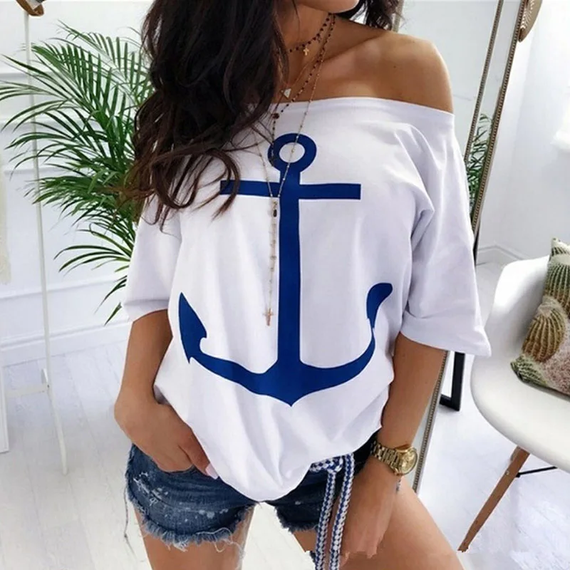 VIEUNSTA Sexy Slash Neck Print Blouse Shirt Women Summer Off Shoulder Batwing Sleeve Casual Tops Plus Size Loose Blusas Feminina