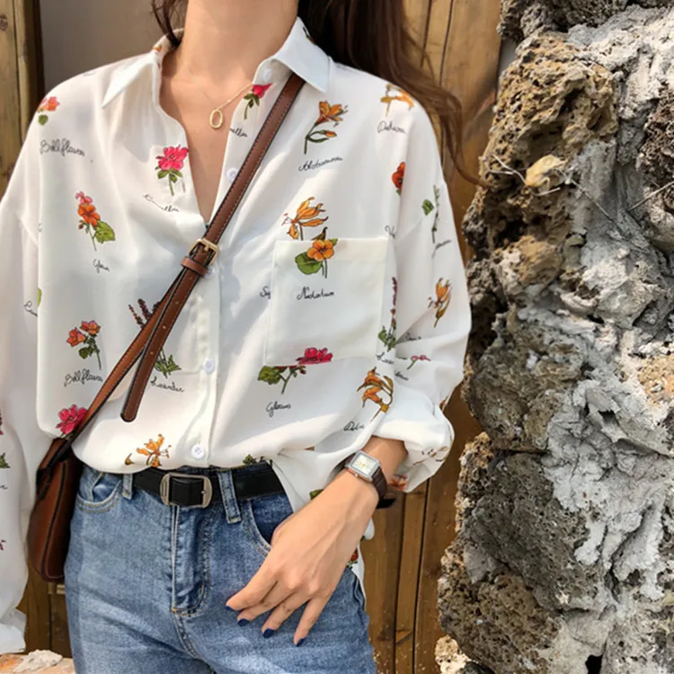 

Summer loose college wind long sleeve small flower shirt simple lapel shirt female