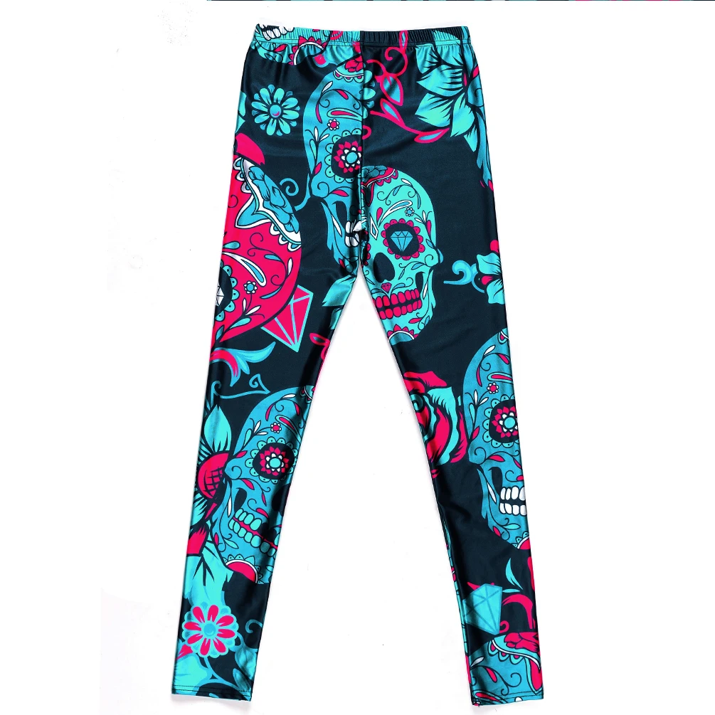 Qickitout Wholesale Slim Women's Black Pants New Digital Printing Green&red Skull Leggings Pants Elastic DropShipping 9