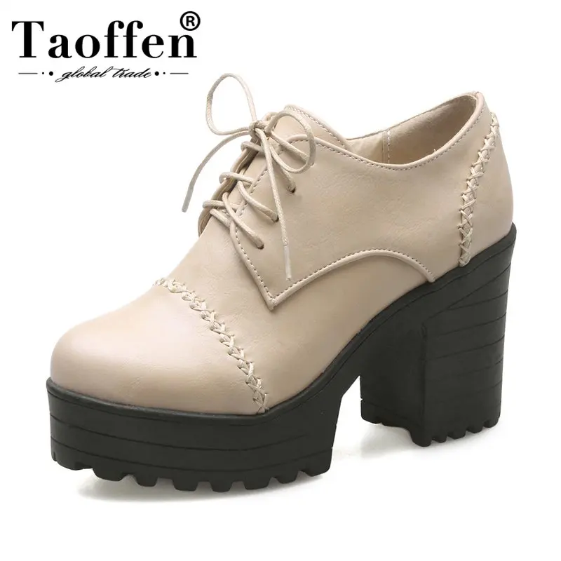 

TAOFFEN Vintage Lace up Platform Pumps Thick Heel Shoes Oxfords Shoes Women Spring Women Shoes Women Heeled Shoes Size 33-43