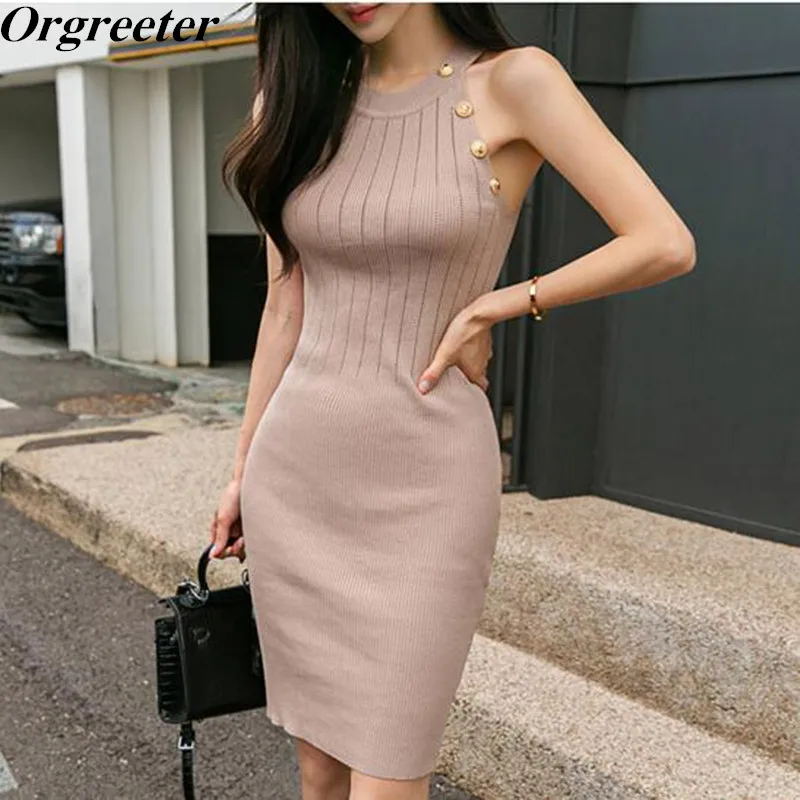 

2019 Casual Stretch Solid Knitted Dress Women Metal buckle Sleeveless Summer Autumn Vintage Bodycon Sweater Dresses
